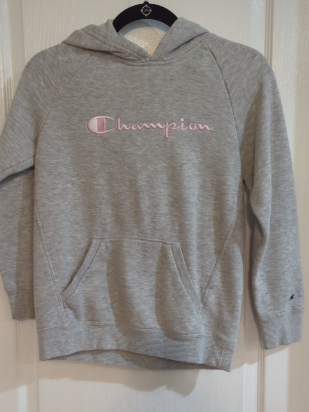 Champion Light Gray Hoodie with Pink Logo